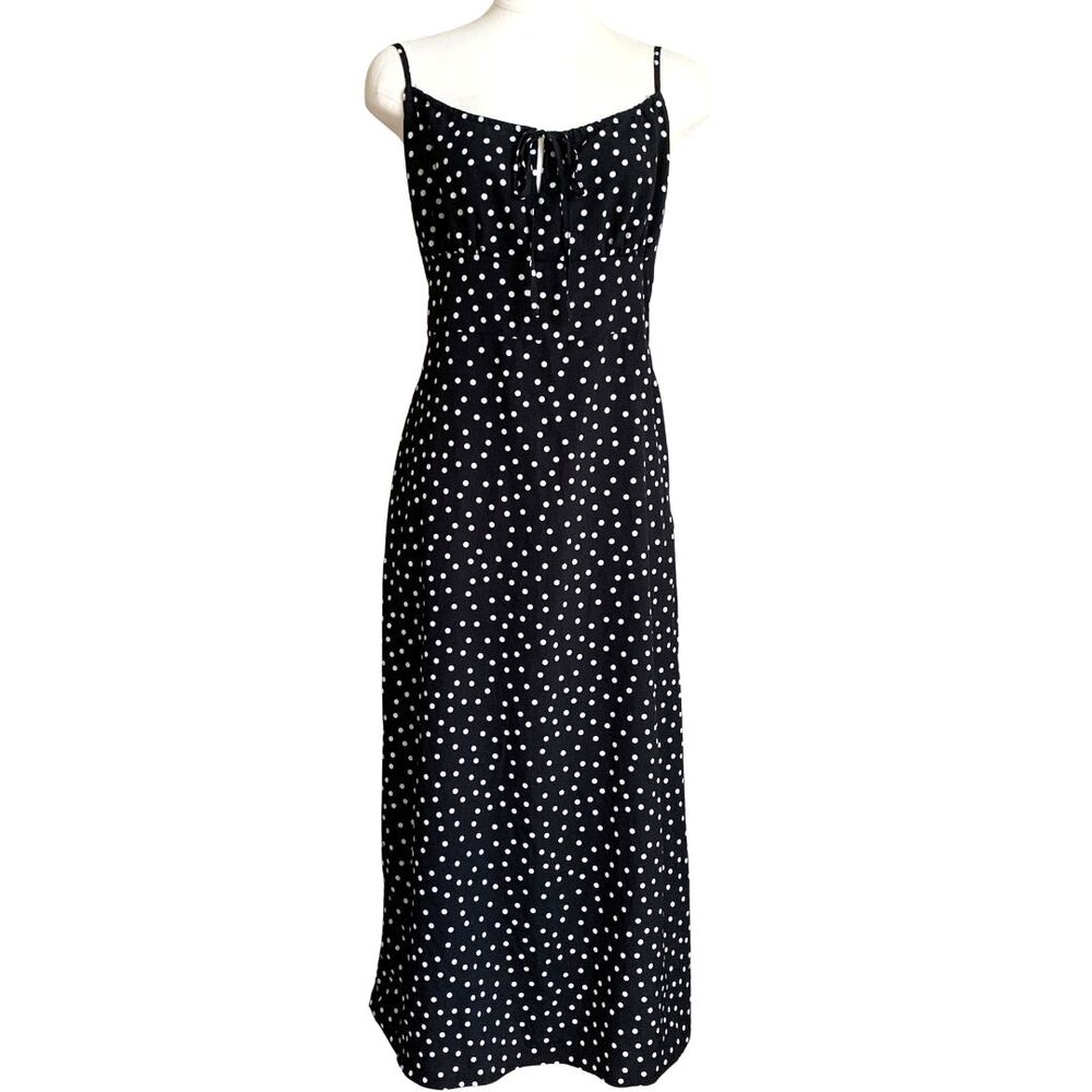 Black White Polka Dot Midi Sundress Size M Adjustable Straps Side Zip Smock